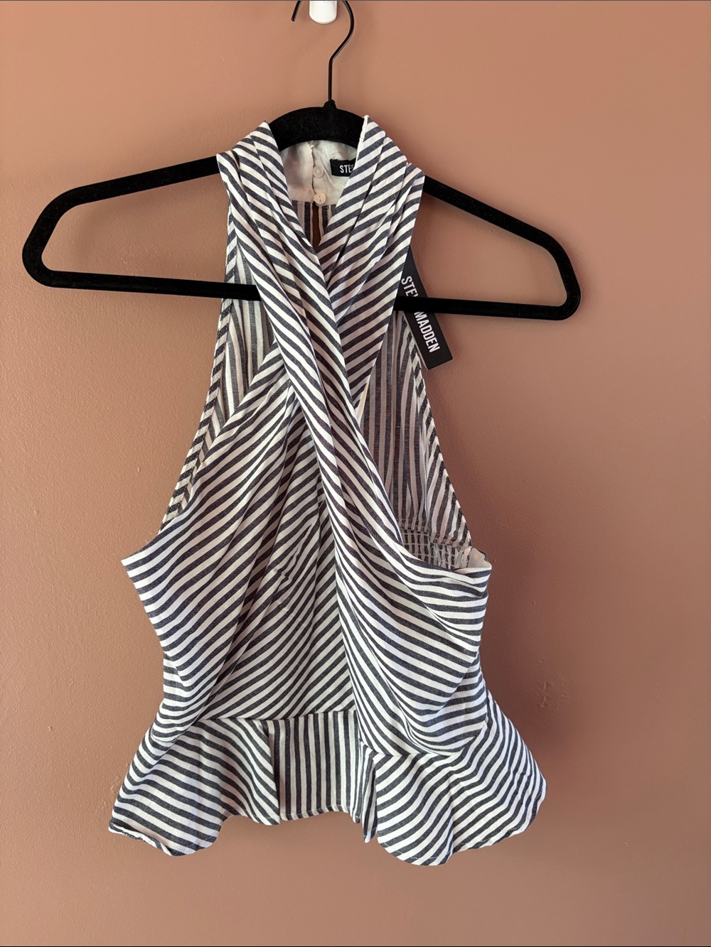 Steve Madden Navy & White Striped Halter Peplum Top